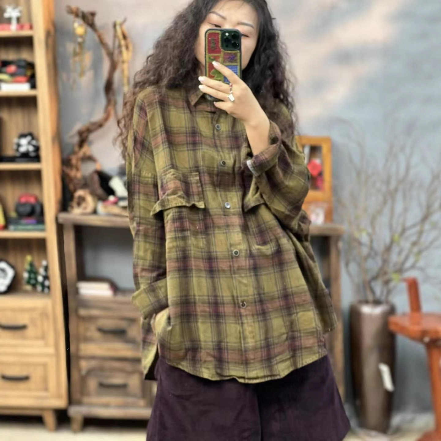 Korean Style Loose Plaid Shirt Autum New Casual Literary Lazy Style Literary Design Cardigan Shirt for Women