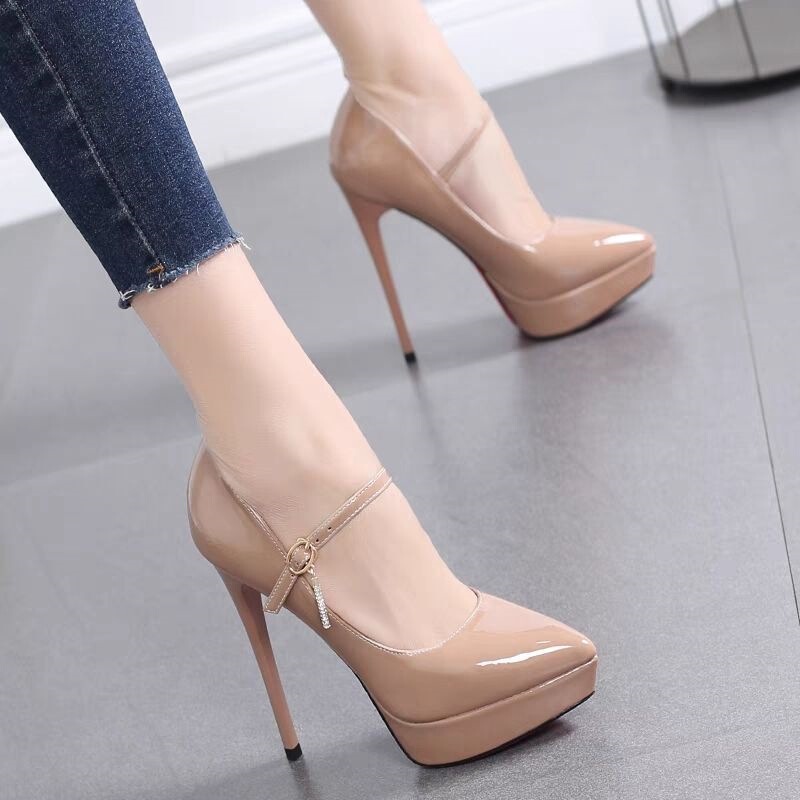 2026 Spring and Autumn New Style High-Heeled Shoes 12cm Stiletto Heel Waterproof Platform Pointed Toe Single Shoes Women's One-Strap Etiquette Work Shoes