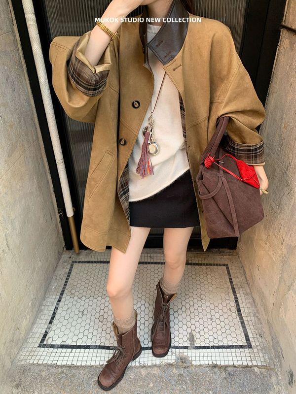 巴恩风咖色立领撞色格纹麂皮绒设计夹克外套女2025秋季新款宽松潮|undefined