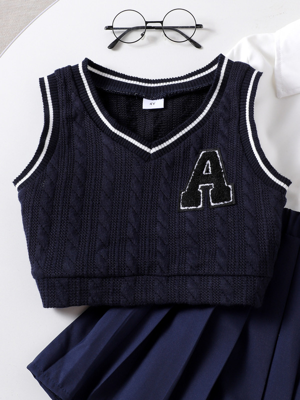 Kids clothing 跨境外贸秋冬新款小童白色衬衫+蓝色马甲+百褶短裙|undefined