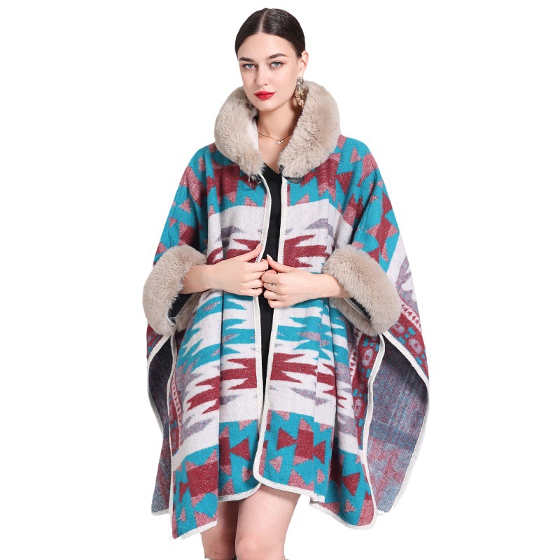 Fur collar hooded cape cape loose jacquard cardigan plus-size woolen coat_voghion.com