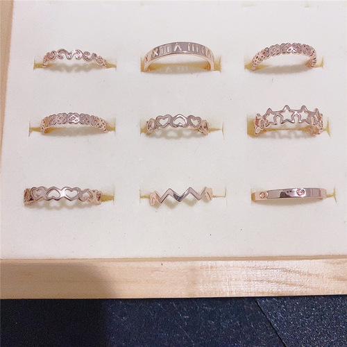 Korean Copper Plated Real Gold Roman Numerals Simple Rose Gold Color-Retaining Tail Ring Set with Handmade Jewelry Box