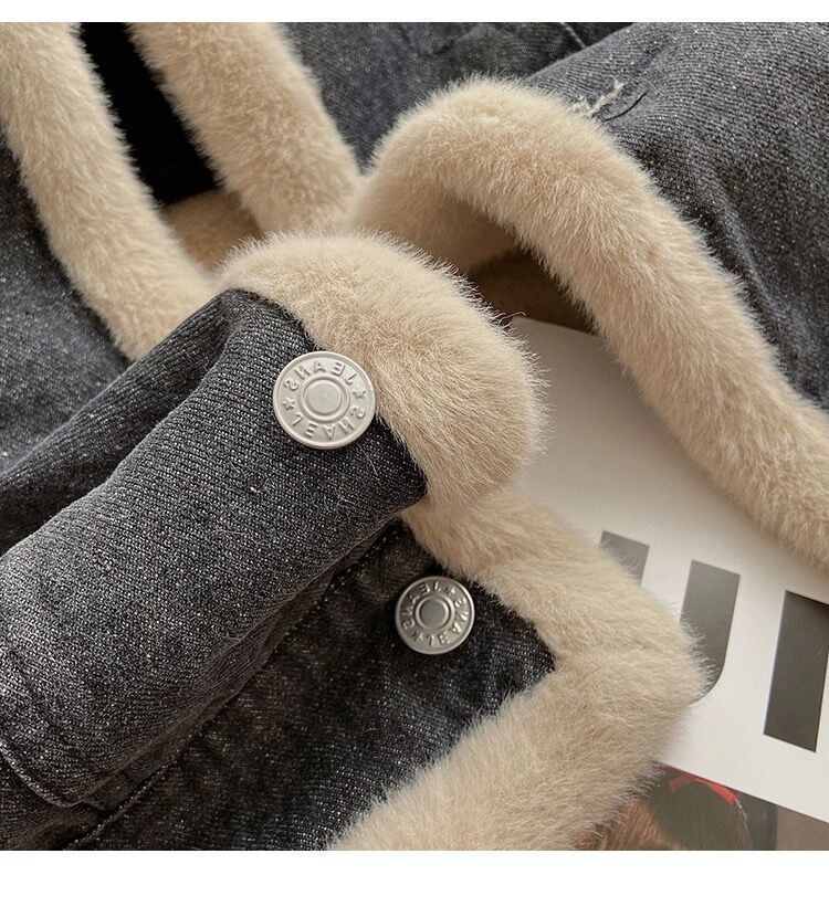 Women's Clothing Autumn and Winter Retro Style Denim Jacket Women Plus Velvet Thickening Small Short Rabbit Fur Jacket Top_voghion.com