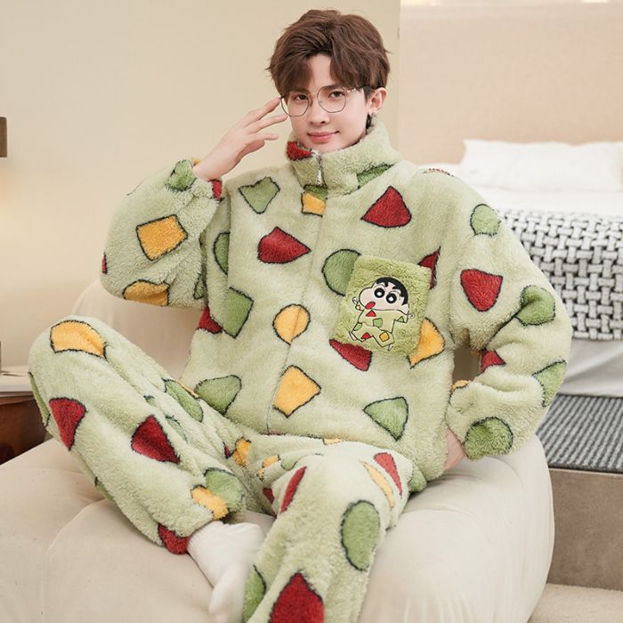 Men's Pajamas Winter Plus Velvet Thickened Warm Stuffed Stand Collar Zipper Cardigan Long Sleeve Trousers Cartoon Home Wear