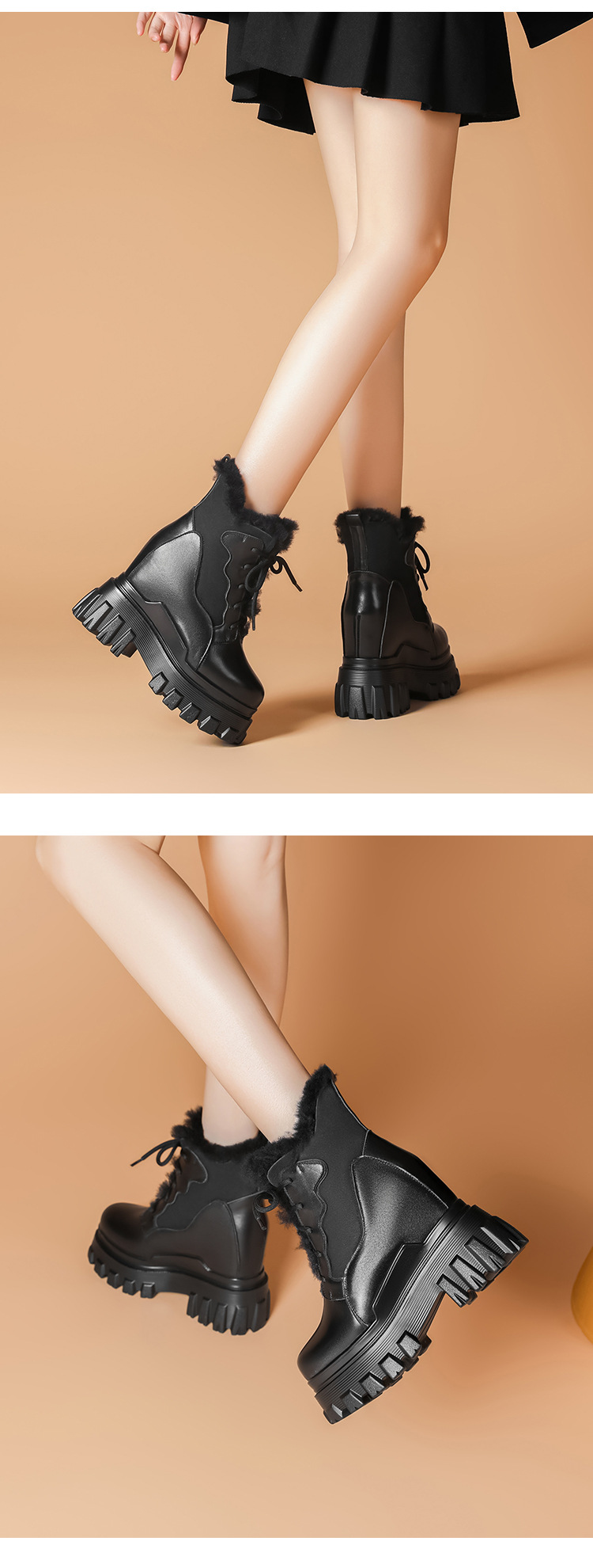Boot nữ cổ cao ôm bắp chân đế dày lót nhung ấm áp — Màu đen lót nhung chi tiết 5