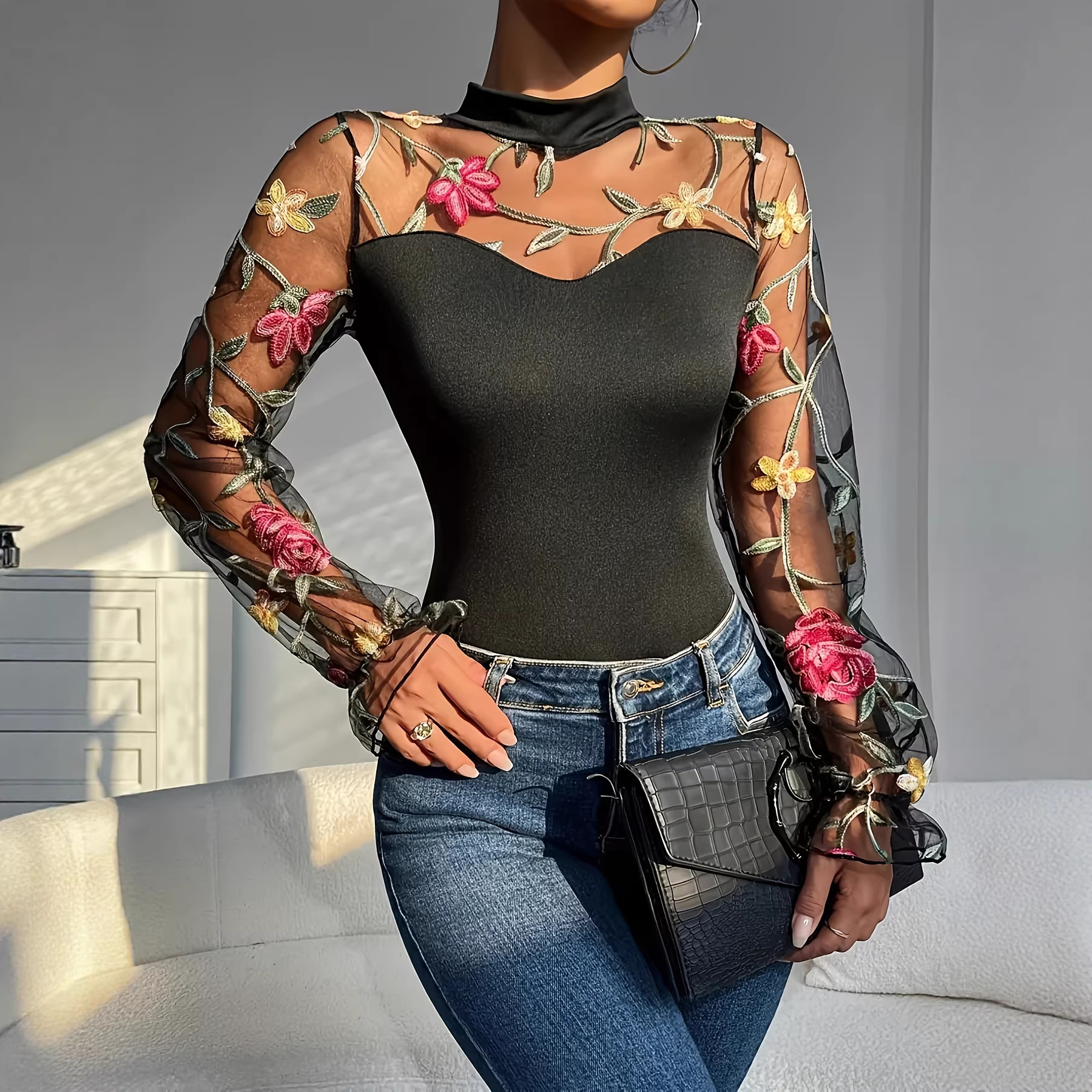 Sexy Damen-Body aus Spitzenmesh mit langen Ärmeln, halbhohem Rollkragen, transparentem Einsatz, Bauchkontrolle, dehnbarem Material – perfekt für Clubbesuche und Dates._voghion.com
