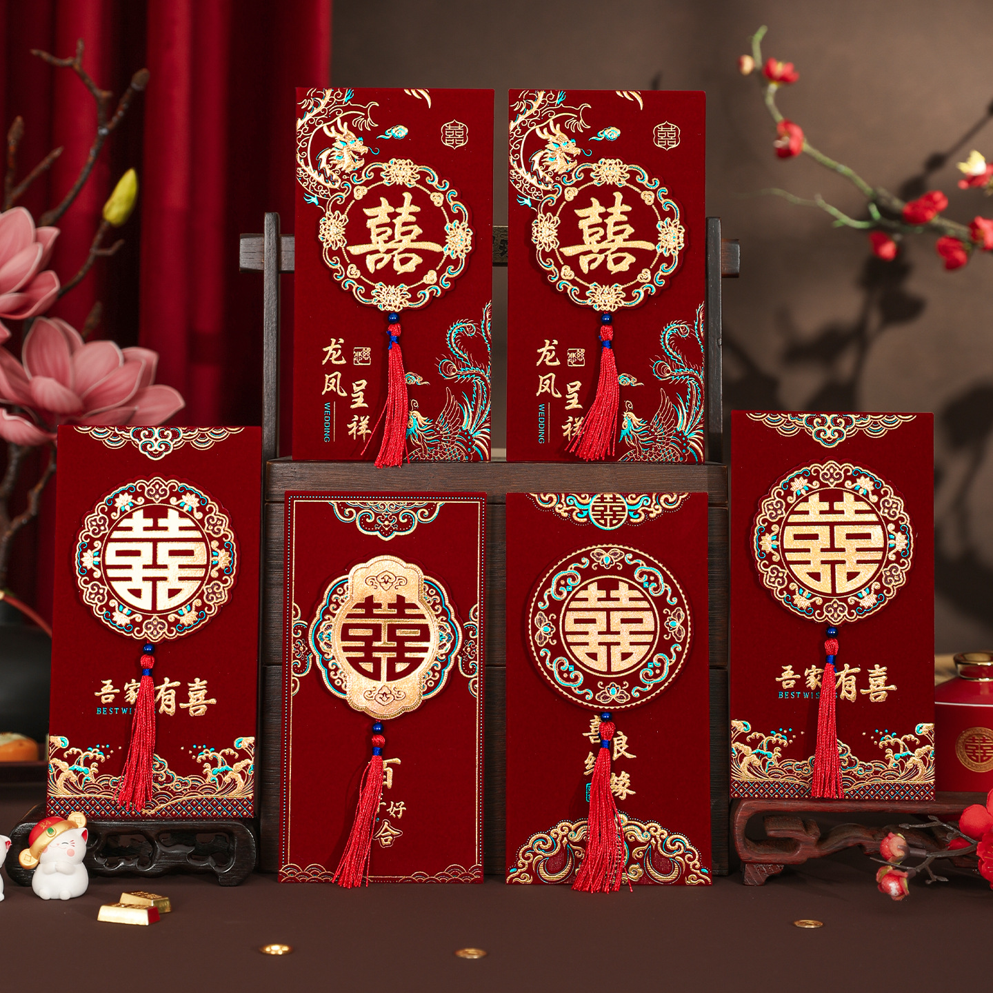 Wedding Velvet Tassel Red Envelopes, New Style with Special Happy Words, Suitable for Wedding Gifts, Tea Ceremony, and Money Gifts
