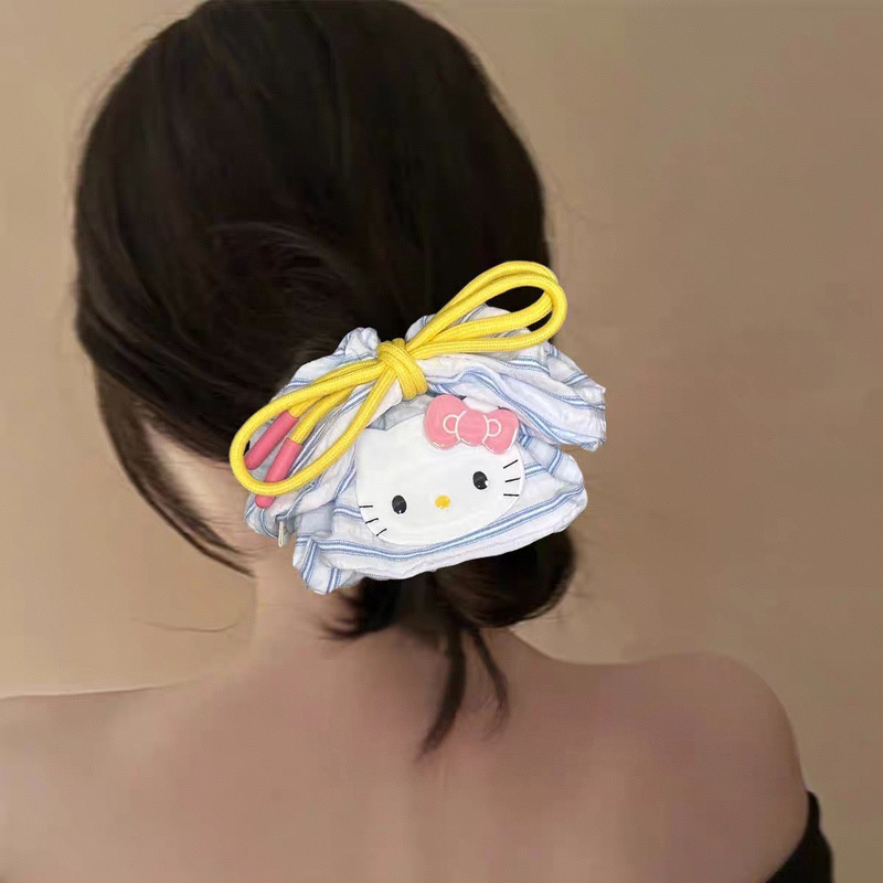 KT 猫リボンヘアゴム女性用、爽やかなブルーストライプ、高級感、甘い、怠惰なスタイル、ボールヘッドバンド|undefined