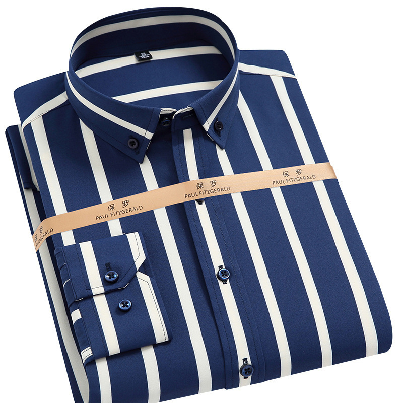 New Spring Easy-care Striped Shirt Men's Long-sleeved Stretch Slim-fit Shirt Men's Business Light Luxury Men's Non-ironing