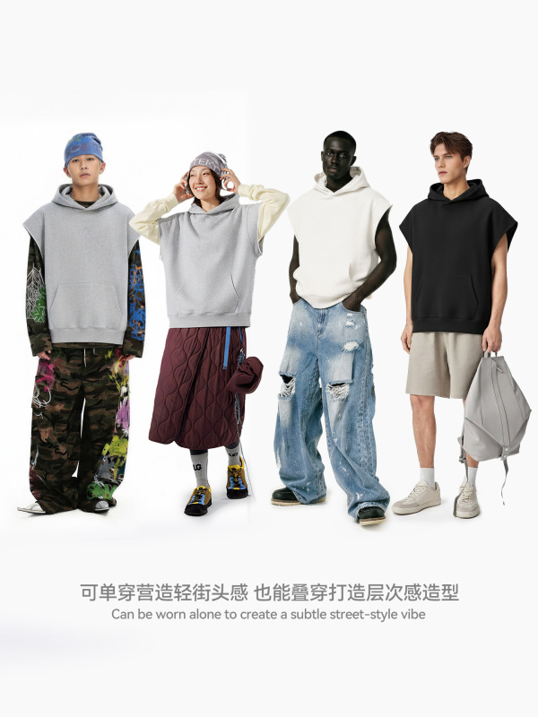 捷展男装|街头卷边无袖连帽卫衣25秋季新品欧美重磅坎肩马甲背心|undefined