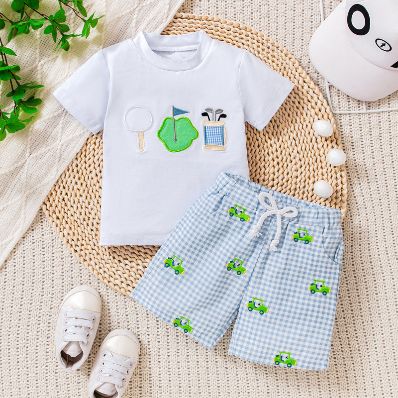Cross-Border Summer Baby Girl Round Neck Short-Sleeve Golf Embroidered Pullover T-Shirt + Car Embroidered Plaid Shorts Set