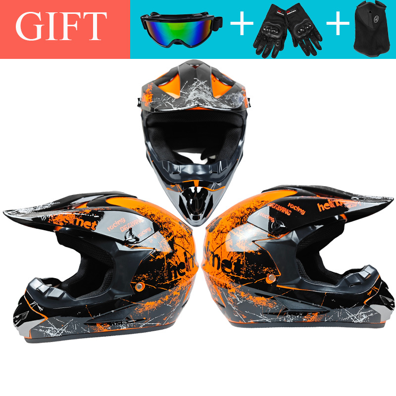 Motosiklet kaskı (dəbilqə) — Diàndòngchē Motorcycle Helmet Mountain - orange-floral-with-goggles-gloves-mask-s
