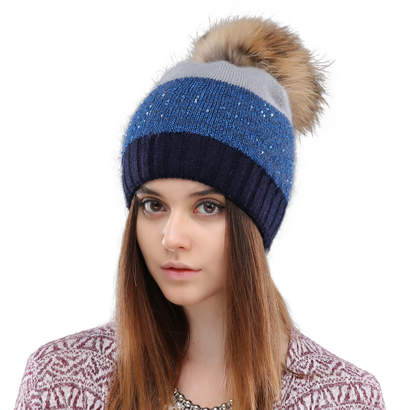 Women's winter warm knitted rabbit real raccoon fur ball fashionable and versatile sequin pullover hat style_voghion.com