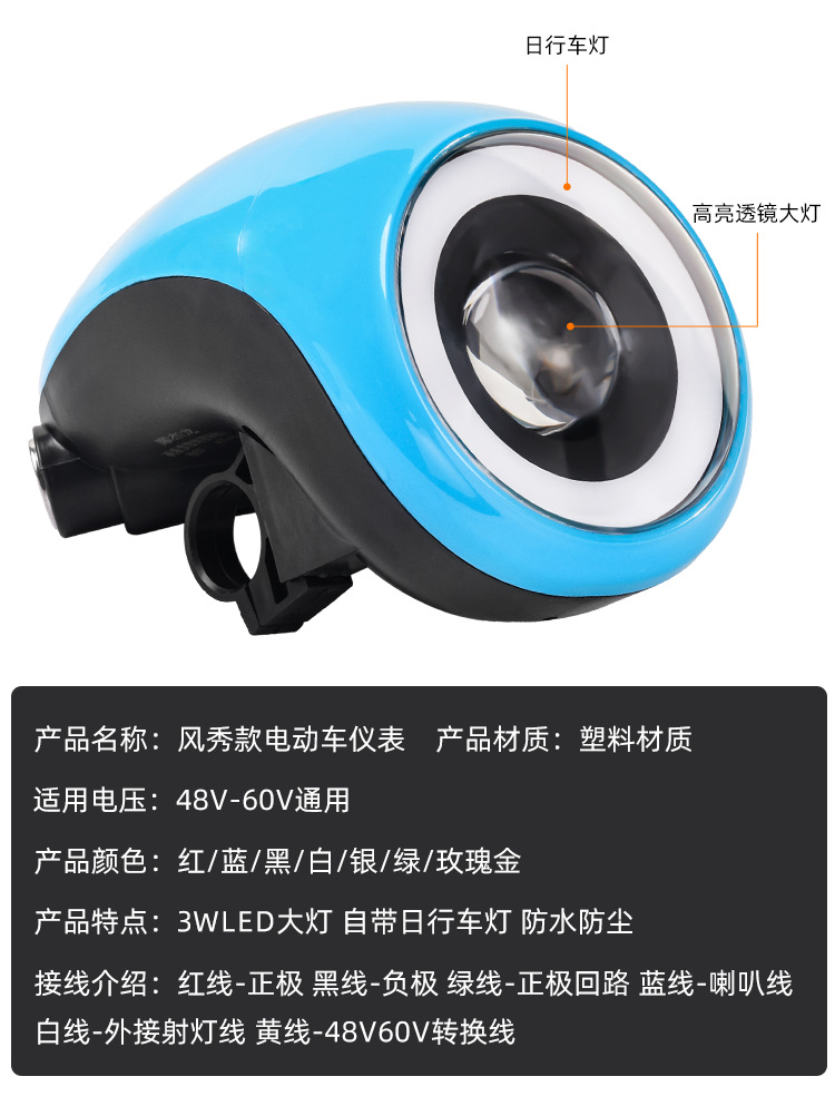 Electric Scooter Instrument Panel with Battery Level Display, Horn, Daytime Running Lights, 48V-60V Universal Led Headlight Assembly for Electric Motorcycles