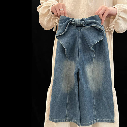 Cream-Colored Spring Denim Jeans 2025, Korean-style Chic Kids' Fashion with Designer Bow, Straight-Leg Wide-Leg Pants