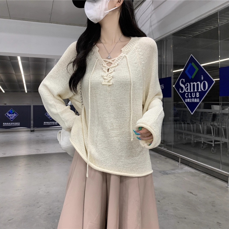 实拍 2025美式复古撞色条纹系带针织衫秋宽松显瘦慵懒套头上衣女|undefined