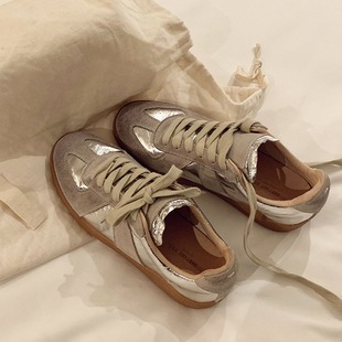 Silver Moral Training Shoes Women's 2025 Spring New Retro Genuine Leather Sports Casual Shoes Women's Flat Shoes Easiest for Match Sneakers