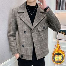 冬季小呢子大衣风衣小青年西装羊毛格子帅气男装加绒韩版短款外套