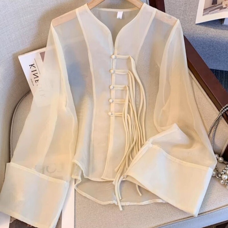 Plus Size New Chinese Style Sun Protection Shirt Tops for Women Summer New Retro Button Collar Tulle Outer Chiffon Shirt