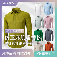 跨境爆款男士衬衫长袖纯色仿亚麻速干商务免烫薄款外贸欧美码衬衣