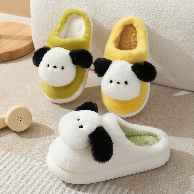 Хлопковые тапочки, женские осенне-зимние плюшевые тапочки с милыми щенками, мужские теплые домашние Нескользящие домашние тапочки с толстой подошвой, пара