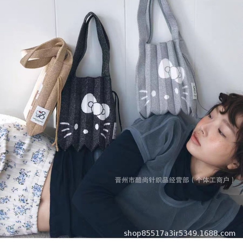 韓国 JOSEPH&STACEY サンリオ ハローキティ ジョイント プリーツ かわいい ニット ハンドバッグ 卸売|undefined