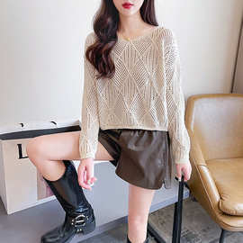 2023新款长袖上衣针织衫设计感潮漏空打底衫女秋冬圆领保暖毛衣