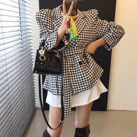 尺寸已更新 韩国chic 法式秋冬泡泡袖系带收腰显瘦千鸟格大衣外套