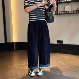 松弛感宽松松紧高腰显瘦格子翻边阔腿裤2026秋冬保暖灯芯绒休闲裤