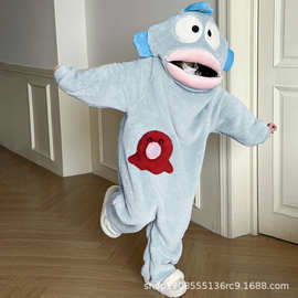 丑鱼儿童法兰绒卡通可爱连体睡衣秋冬季加厚保暖珊瑚绒亲子家居服