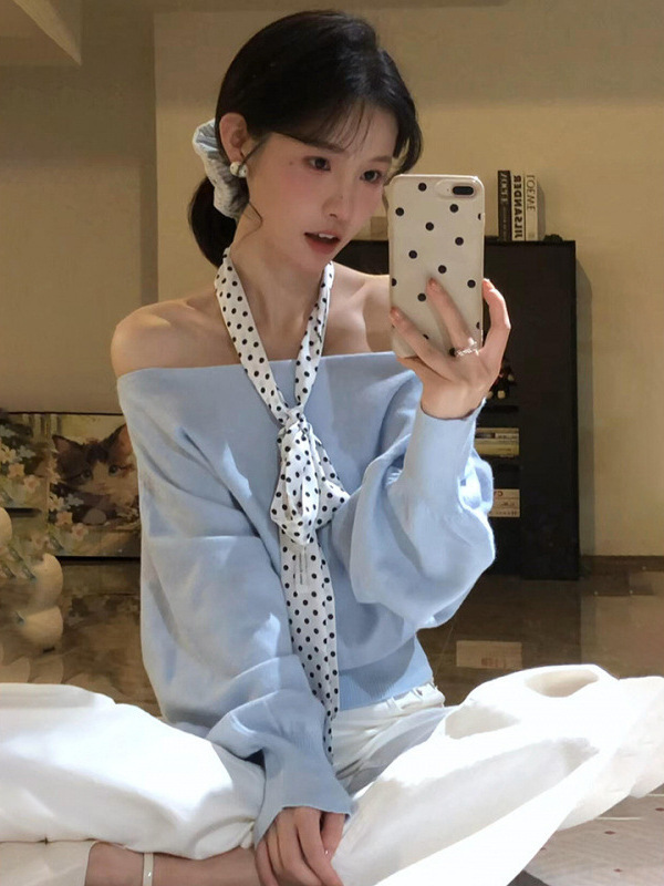 法式浅蓝色一字肩针织衫女秋冬新款设计感外搭长袖上衣薄款毛衣|undefined