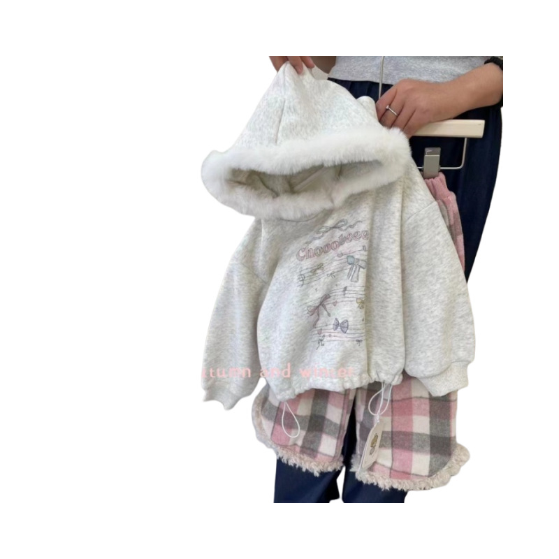 한국판 아동복 2024 가을 겨울 소녀 회색 기모 스웨터 세트 여성  가을 격자 무늬 캐주얼 바지 조수