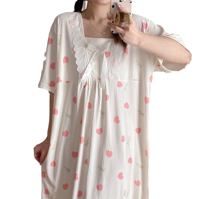 2024 verano cuello cuadrado tela de algodón arrugada delgada mangas cortas dulces pijamas largas niñas ropa de hogar comercio exterior al por mayor