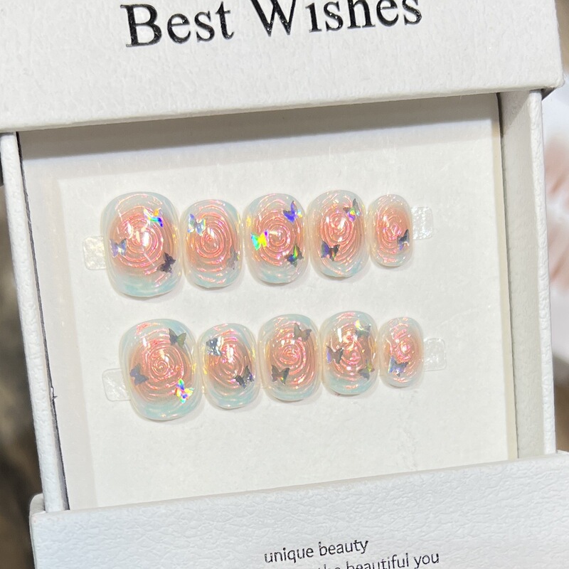 Wearable Nails, Handmade Tarot Cards, Magic Butterfly, Colorful Swirls, Hand-Painted Manicure, Short Nails, Sparkling Fake Nails