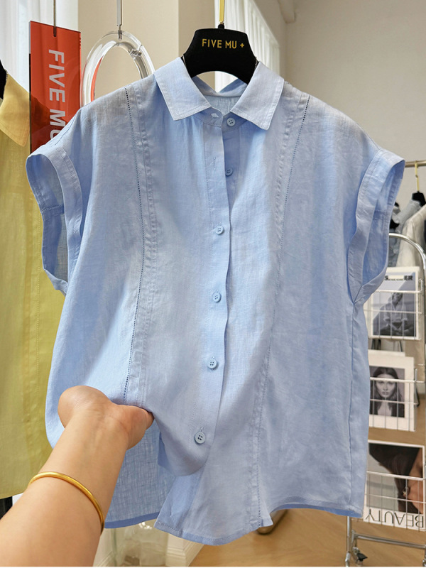 高級ピュアリネンベスト半袖ラペルシャツ女性用夏気質フレンチスタイル超見栄えの良い軽い高級ハイエンドトップ|undefined