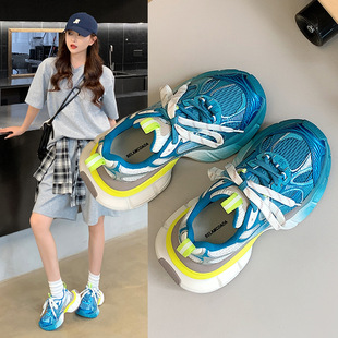 2025 Distressed Dirty Comfortable Thick-Soled Dad Shoes Spliced ​​Contrast Color Running Shoes Cut Out Mesh Thick-Soled Shoes for Men and Women