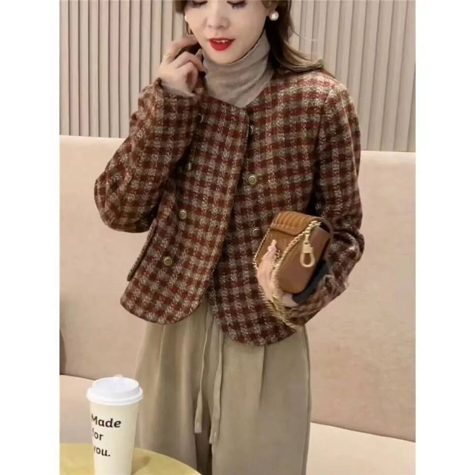 Áo khoác nữ ngắn kẻ ca rô cổ tròn tay dài phong cách thanh lịch — Mẫu chất lượng cao màu cam chi tiết 6