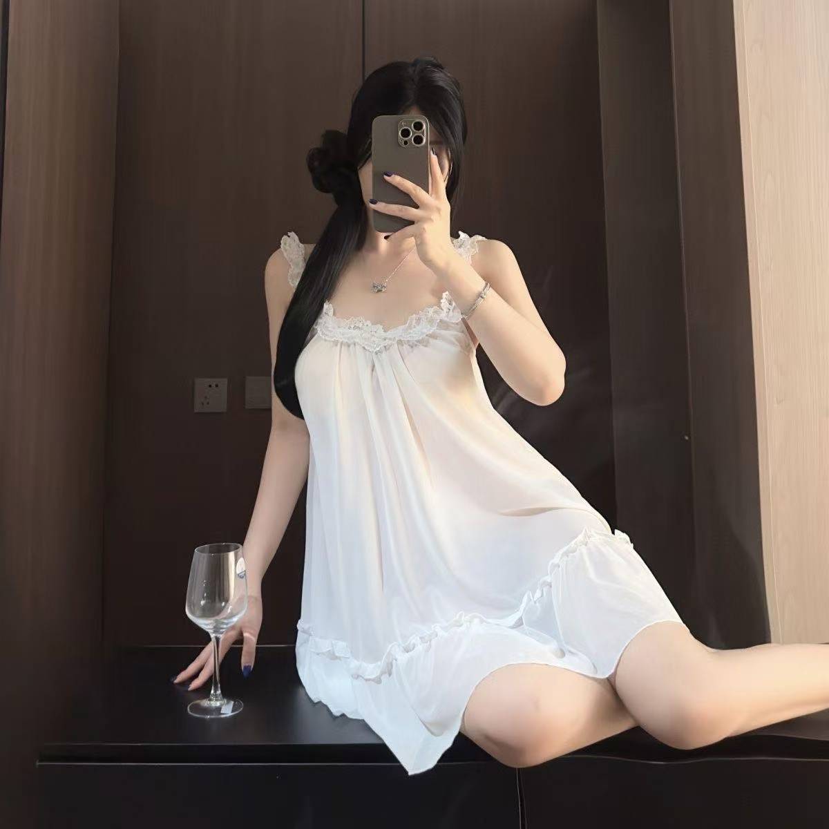 Sweet French-Style Suspender Nightgown Set, Plus-Size White Lingerie with Thong and Bodystocking — detail image 5