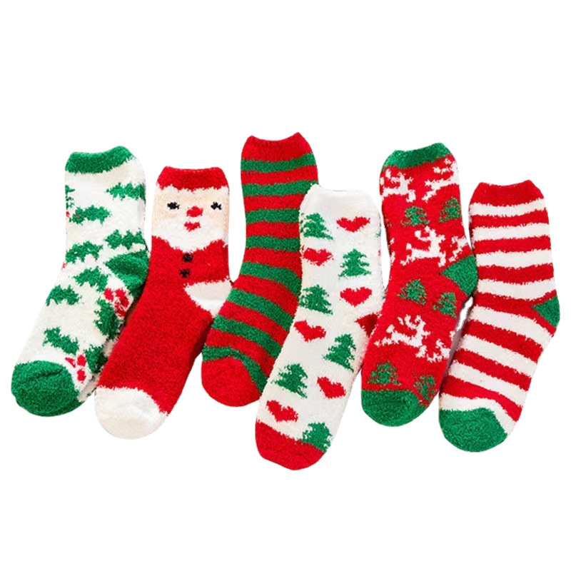 サンゴフリースクリスマスソックス 冬用厚手 男女兼用 クロスボーダー サンタクロース ハーフフリース ストライプ エルク柄 ファー付きフロアソックス|undefined