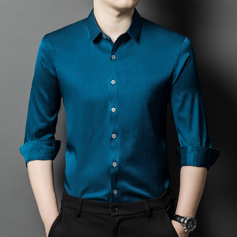 High-grade Summer Mulberry Silk Men's Long-sleeved Shirt Thin Middle-aged Casual Loose Men's Shirt Ice Silk Men's Fashion