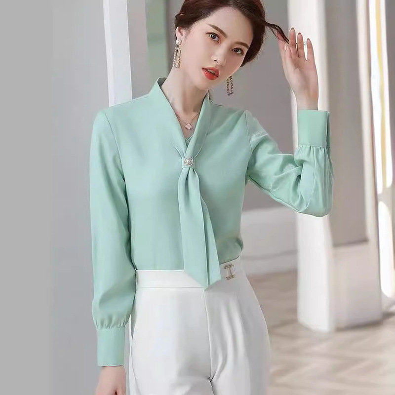 Chiffon Shirt women's new design sense niche top draping temperament long sleeve Spring and Autumn white bow shirt