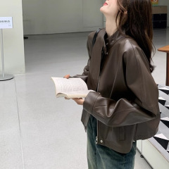 美拉德咖色小皮衣外套女2025春秋新款高级感炸街小个子机车服夹克