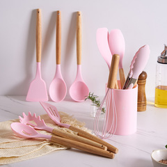 12-piece silicone kitchen utensil set with wooden handle, 11-piece silicone kitchen utensil set with storage bucket, non-stick spatula and spoon