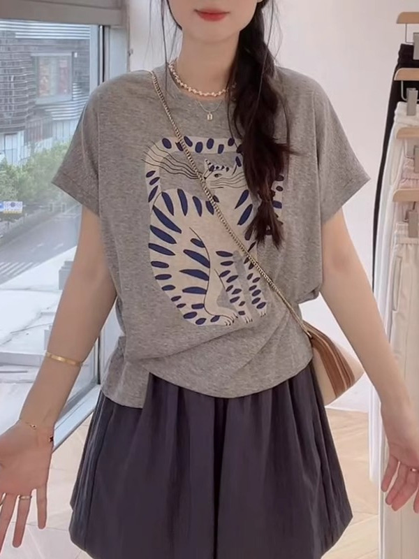 ピュアコットン猫プリント半袖Tシャツレディースプラスサイズ少し太ったMM夏サイドボタンウエストTシャツ多用途痩身トップ|undefined
