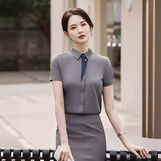 GS870夏季灰色职业装衬衫女气质酒店西餐厅服务员短袖衬衣工作服