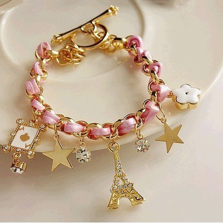 Popular Korean Fashion Bracelet Women's Eiffel Tower Star Flower Playing Card Leather Rope Woven Bracelet Women's Anklet