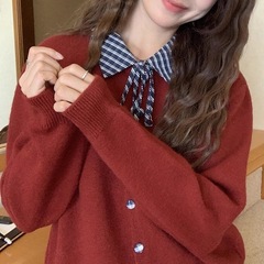韩国衬衫领系带针织开衫女2025秋新款时尚百搭小个子短款外套上衣