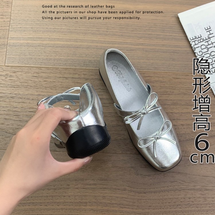 内增高方头单鞋2025新款浅口银色蝴蝶结软底真皮芭蕾鞋玛丽珍女鞋|undefined