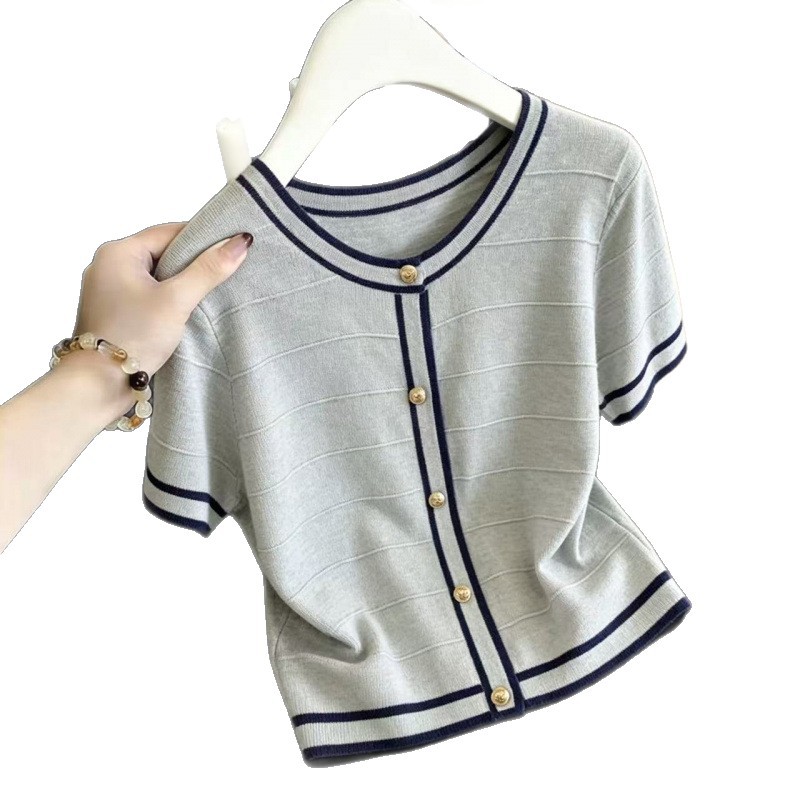 Women's Clothing Summer French Style Women's Knit T-Shirt Round Neck Ice Silk Real Photos_ecoleips.com
