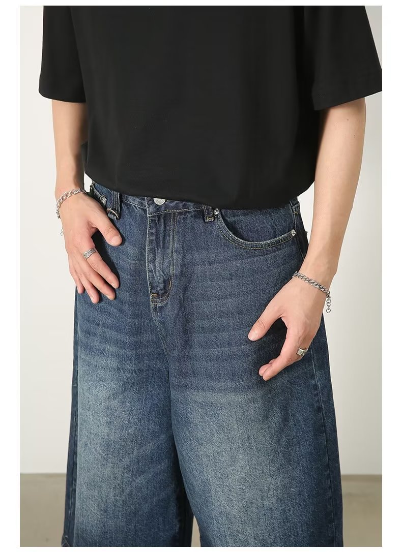 Short en jean court pour homme, coupe droite ample, bleu délavé, style rétro américain, idéal pour l'été._voghion.com